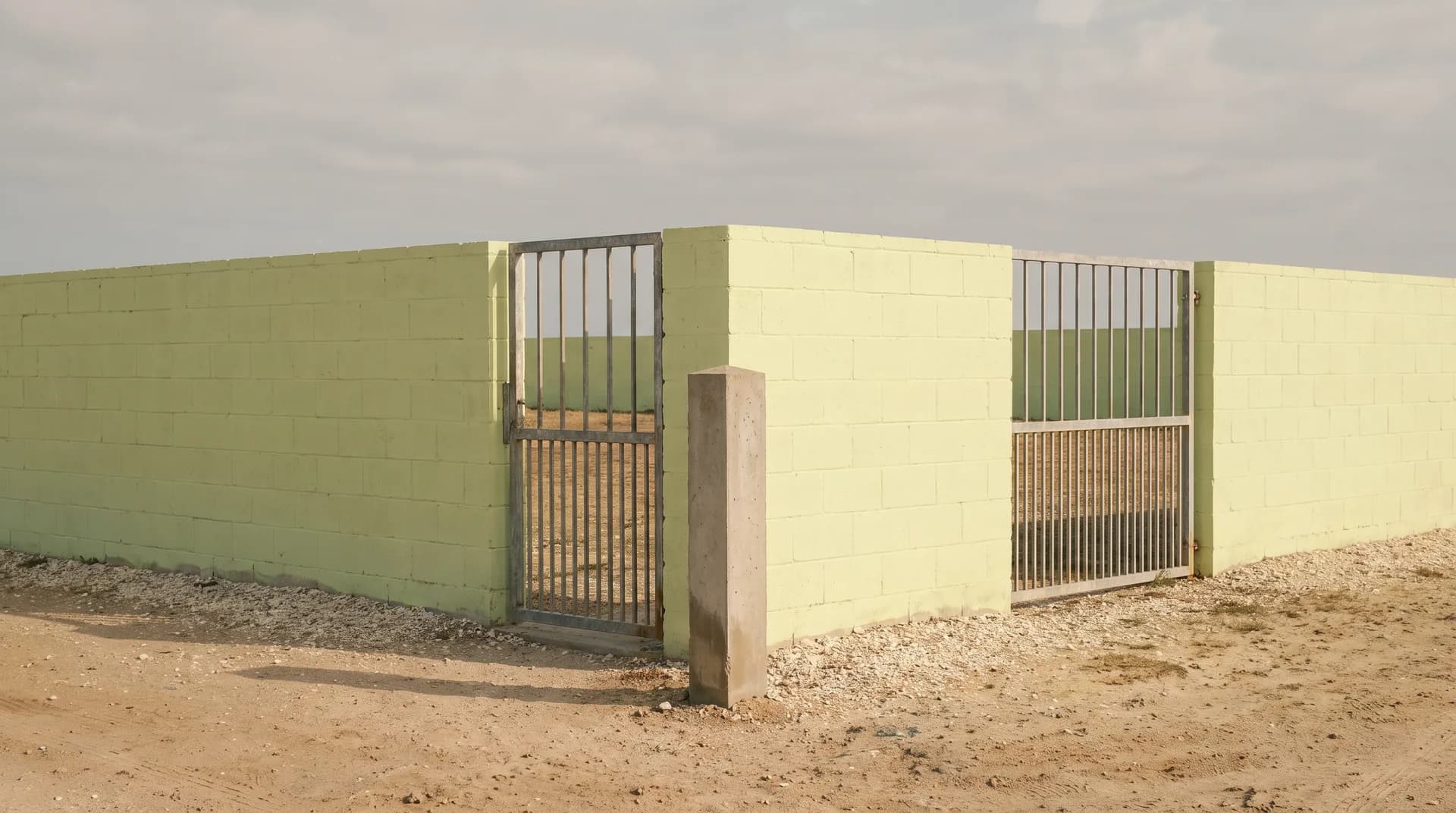 A plain concrete boundary marker at the corner of a lime-washed block wall on sandy ground, beside a shut galvanised steel gate, in flat humid morning light.