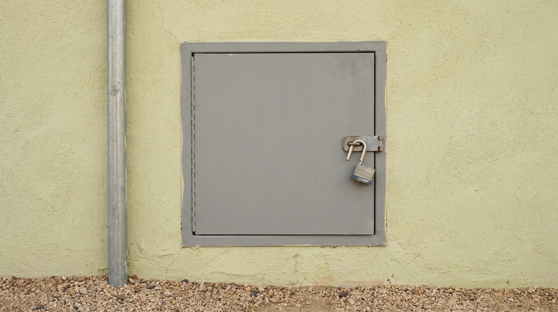 A closed grey steel service hatch set into the pale lime-plaster wall of a desert house, its padlock hanging open on the hasp.