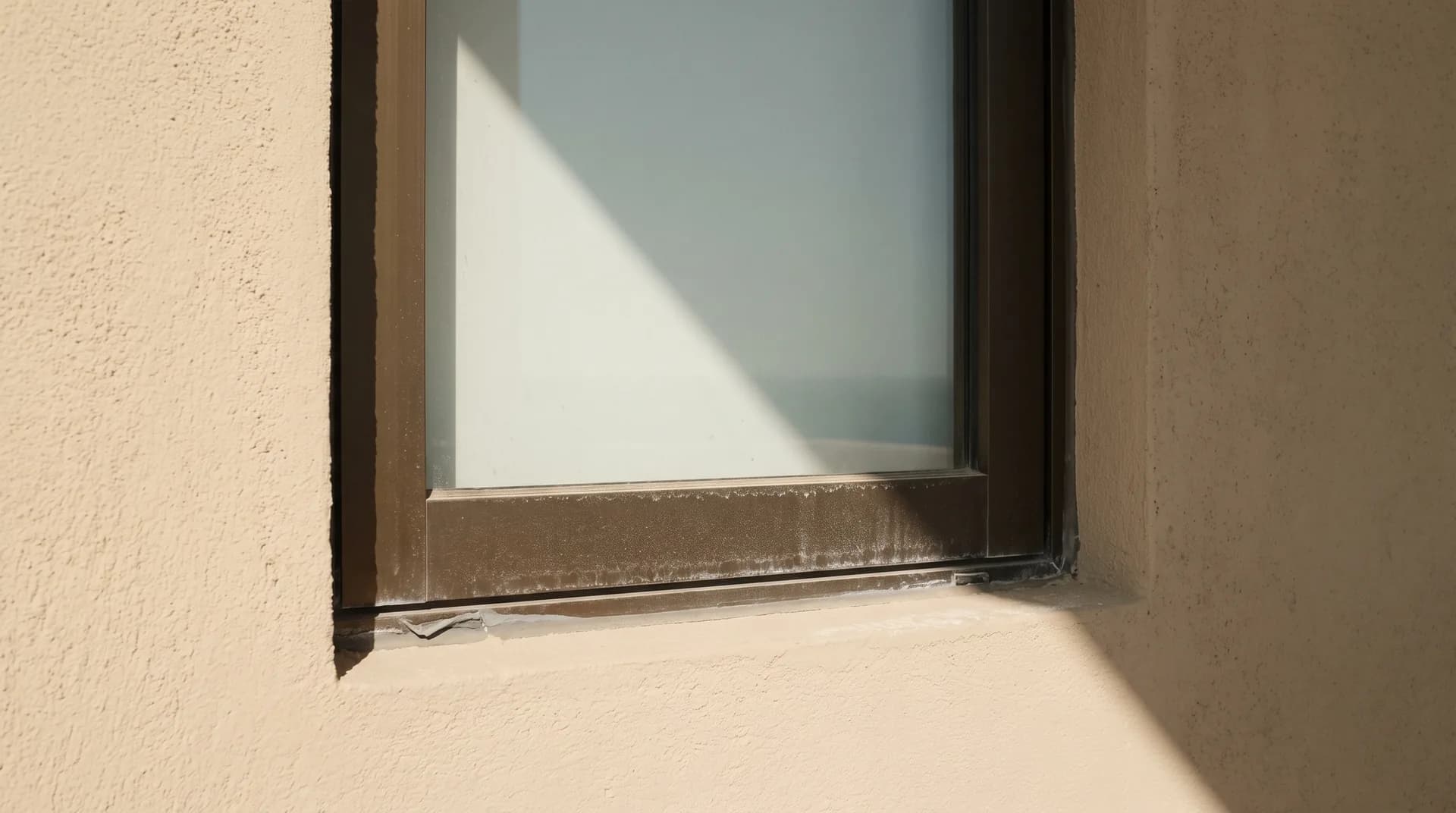 The outside of a closed window on a desert-coast house in hard winter sun, with a fine film of pale dust and dried salt on the dark bronze frame and along the sill.