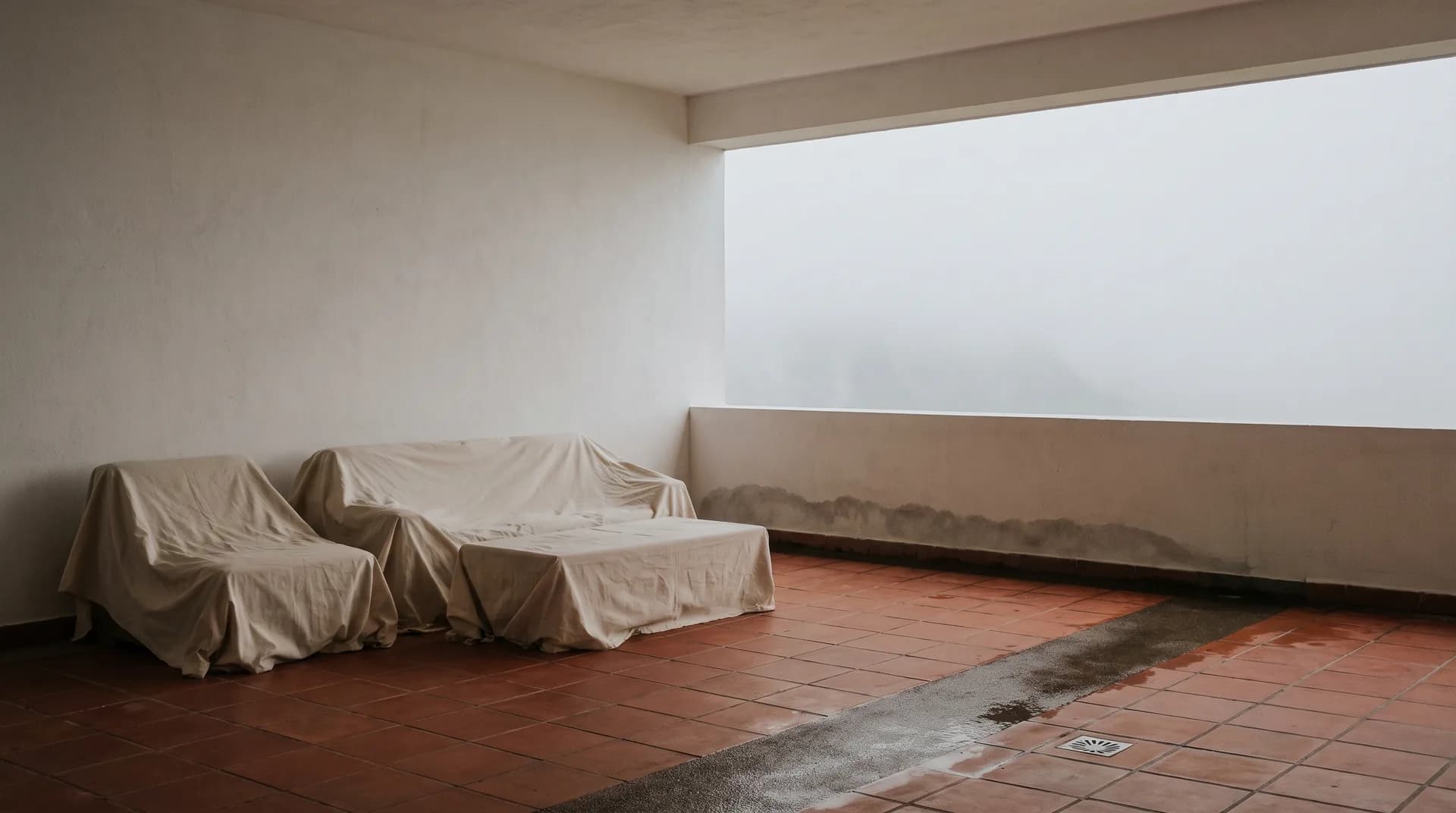 Una terraza cubierta de una casa cerrada en Acapulco después de la lluvia de la tarde, con el piso de barro todavía húmedo junto a la rejilla de desagüe y los muebles cubiertos con lona clara.