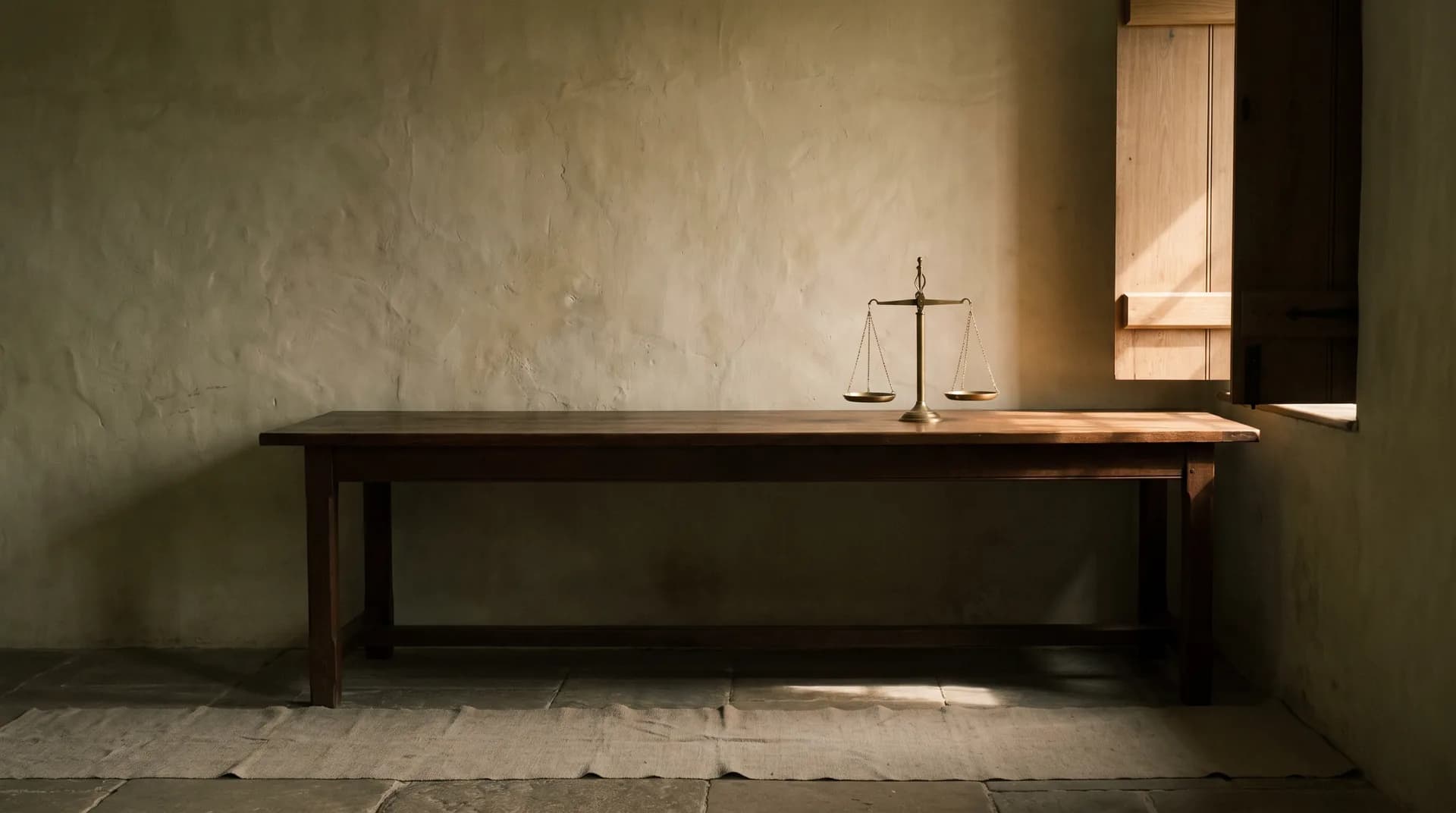 A plain hardwood table by a shuttered window holding a small brass balance scale with both pans empty.