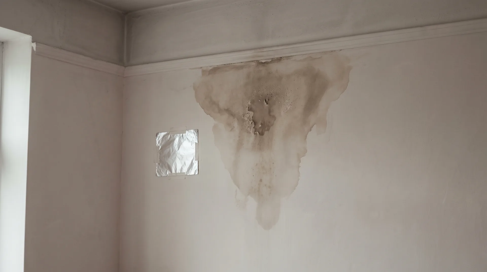 La esquina interior de una habitación cerrada, con una mancha de humedad difusa en la parte alta del muro, junto al techo, y la pintura apenas levantada.
