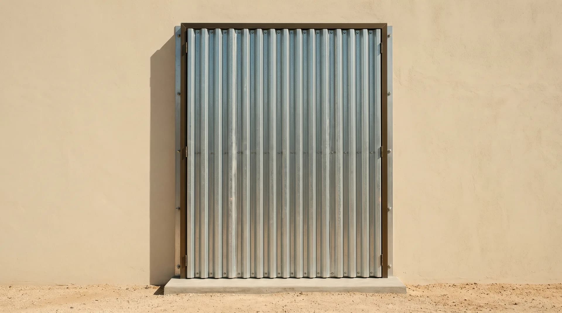 The glass door of a closed desert house in Los Cabos, seen from outside, covered by corrugated galvanised steel storm panels already bolted into place on stainless studs in a sand-coloured render wall, under hard clear late-summer light.