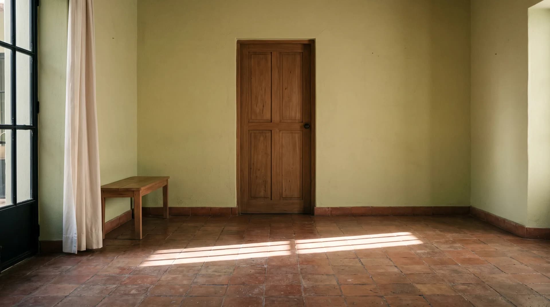 A closed interior door and the floor in front of it in a house shut between visits, with a single line of light from a shuttered window falling across the tiles.