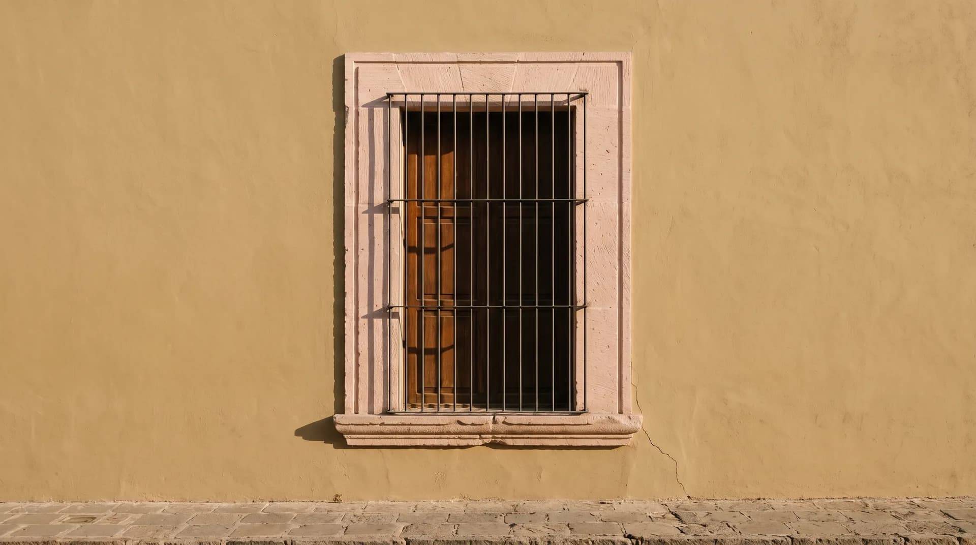 A cantera window surround on a lime-rendered wall of a shuttered house, with the closed wooden shutter behind the iron grille and morning shade across the stone.