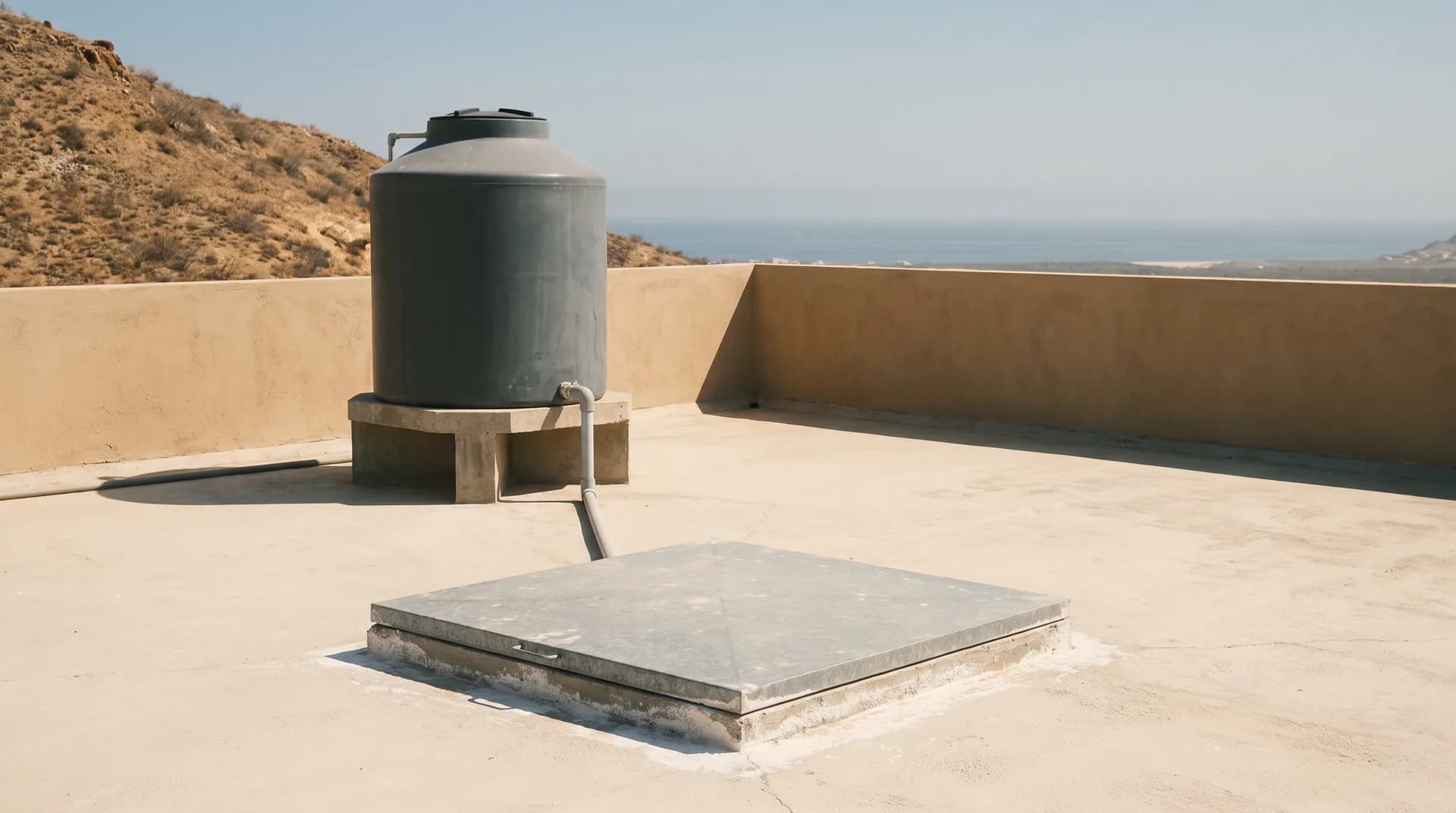 The flat roof of a closed house above Cabo San Lucas, with a water tank on a concrete stand, a cistern hatch and the bay far below in haze.