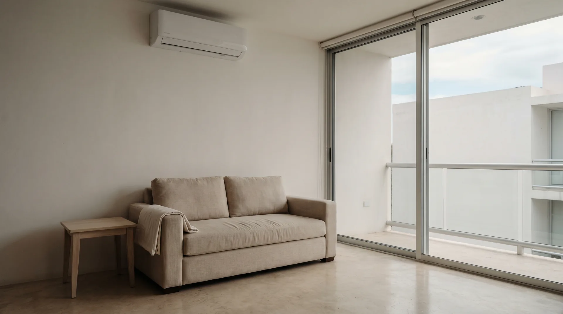 The closed living room of a Playa del Carmen apartment, with a folded dust sheet on a linen sofa, the balcony door shut and a split air conditioner high on the wall.