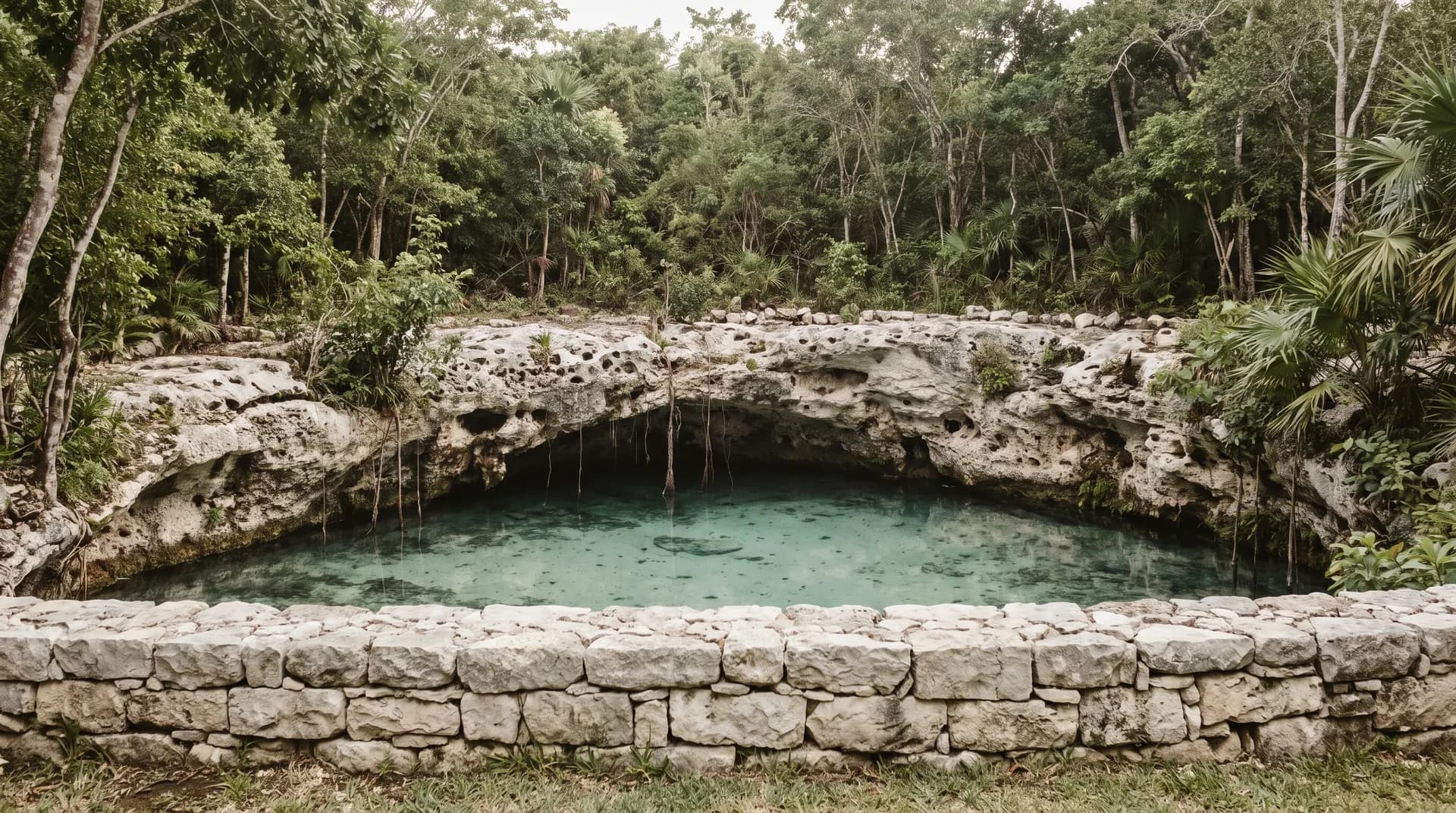 The limestone rim of a cenote at the edge of a closed garden in Tulum, with still clear water below and jungle beyond a low stone wall.