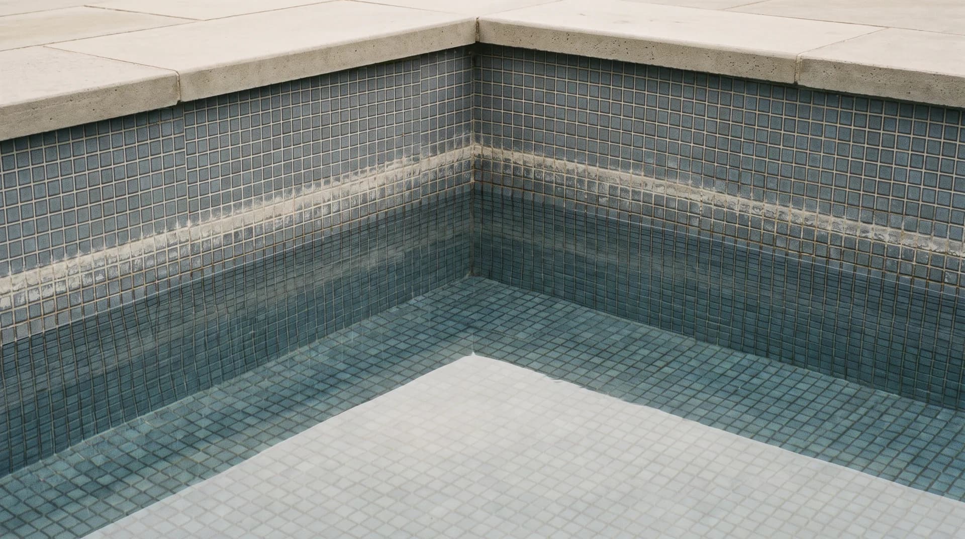Esquina de una alberca sin bañistas: el agua quieta y una franja clara de mineral sobre el mosaico, a la altura que el nivel tenía antes.