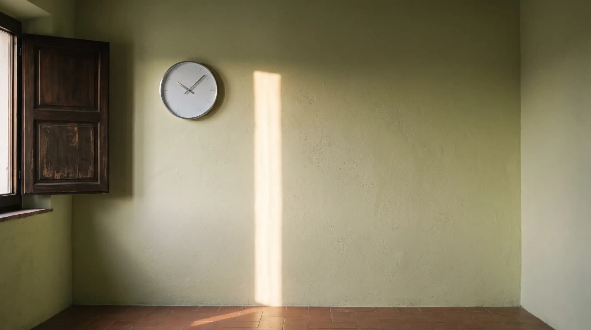 A wall clock and a closed shutter in an empty room, lit from one side by late-afternoon daylight.