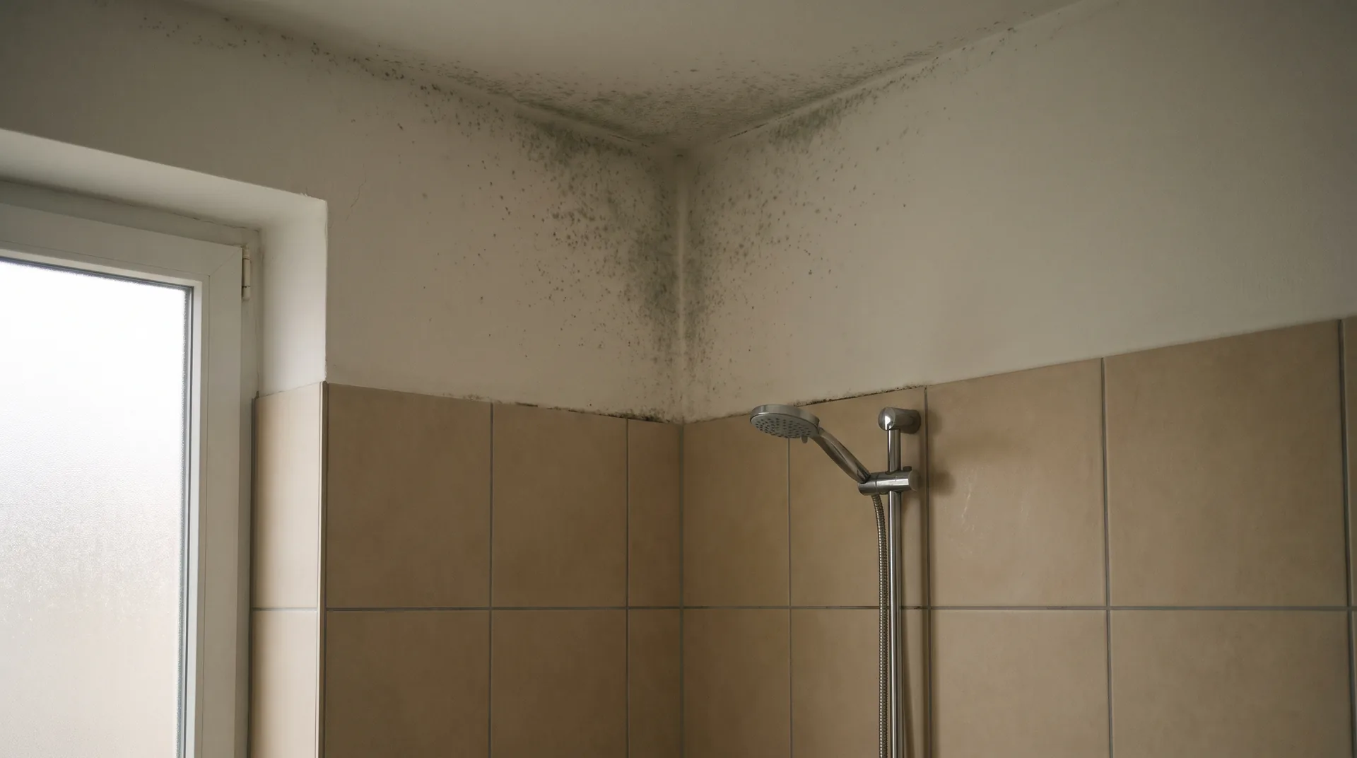 Un baño cerrado y en penumbra, con la regadera seca y puntos de moho gris verdoso en la esquina alta del muro, donde se une con el techo.
