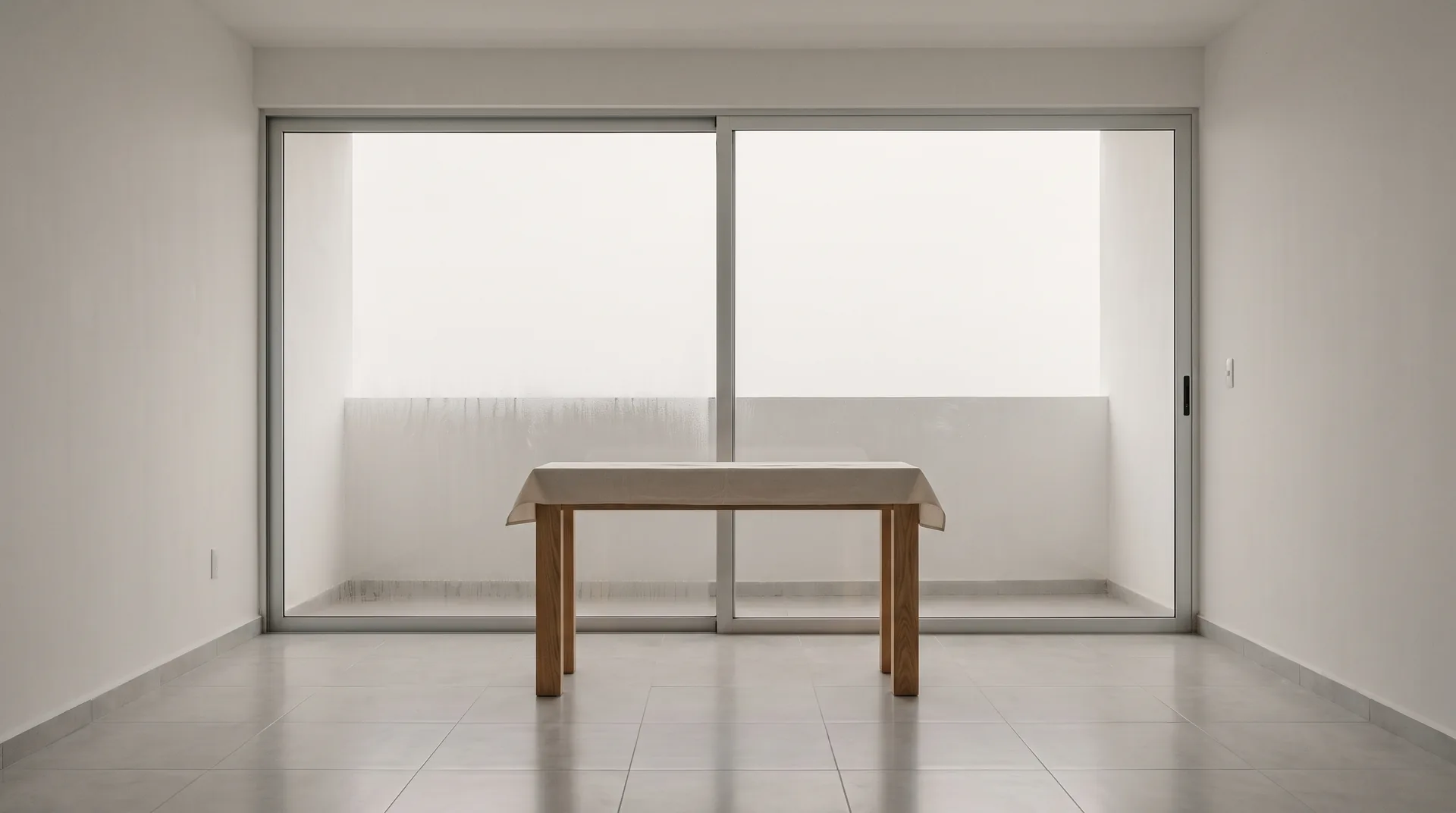 A closed apartment living room on the Caribbean coast in grey rainy-season light, with a sliding glass door misted at its lower edge and a folded cover on a bare console.