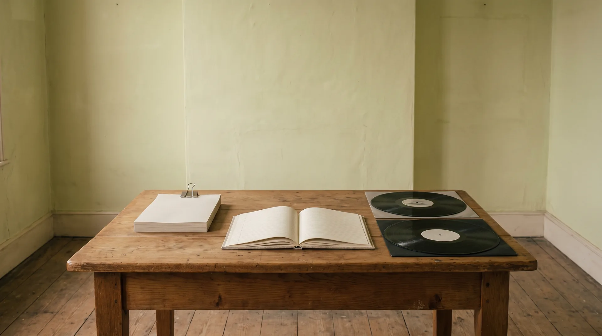 A plain wooden table in an empty room, with a squared stack of printed sheets beside an open ruled notebook.