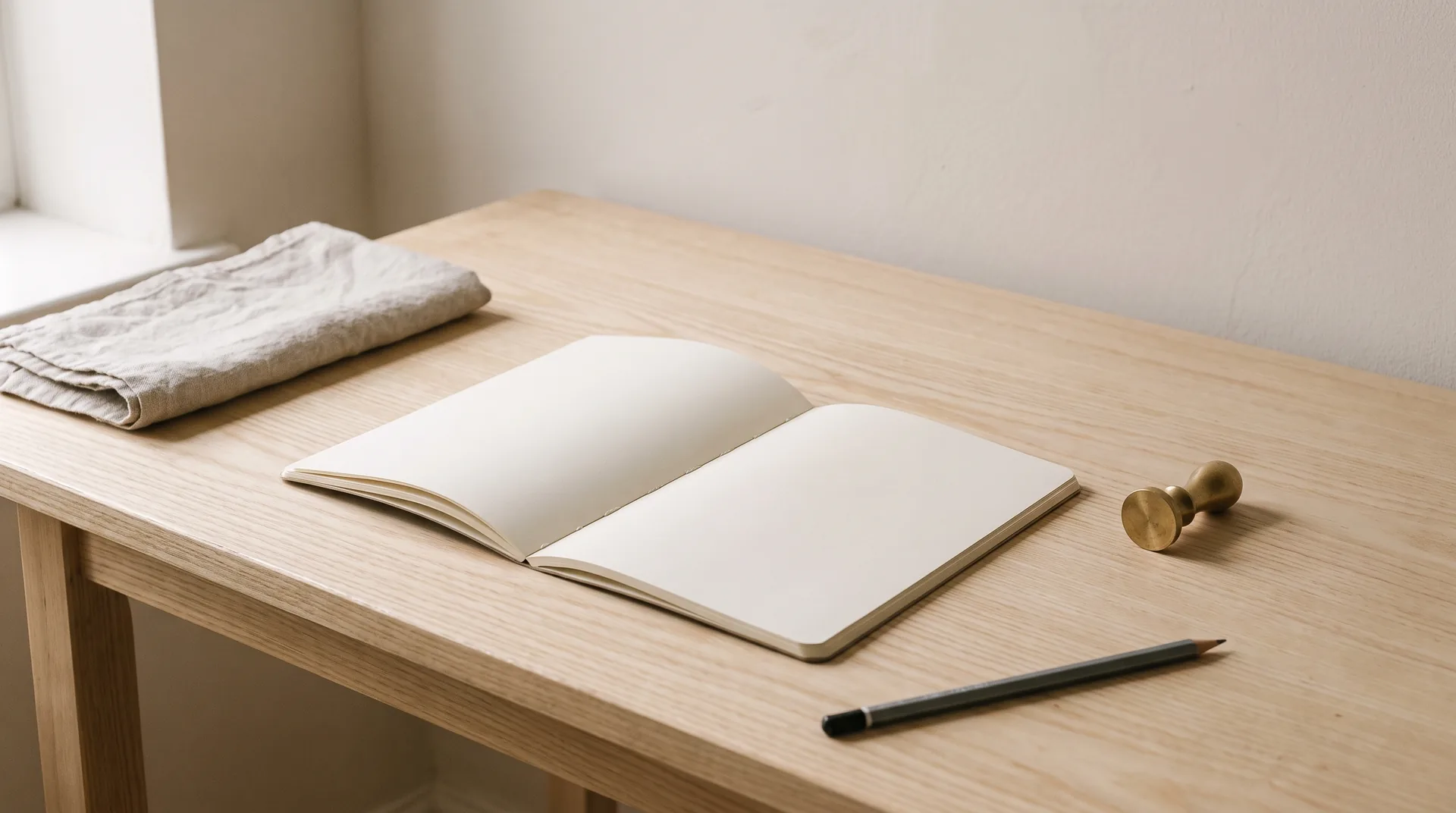 Un cuaderno abierto en dos columnas sobre una mesa de trabajo de una casa privada, visto de frente, con un sello de latón al lado.