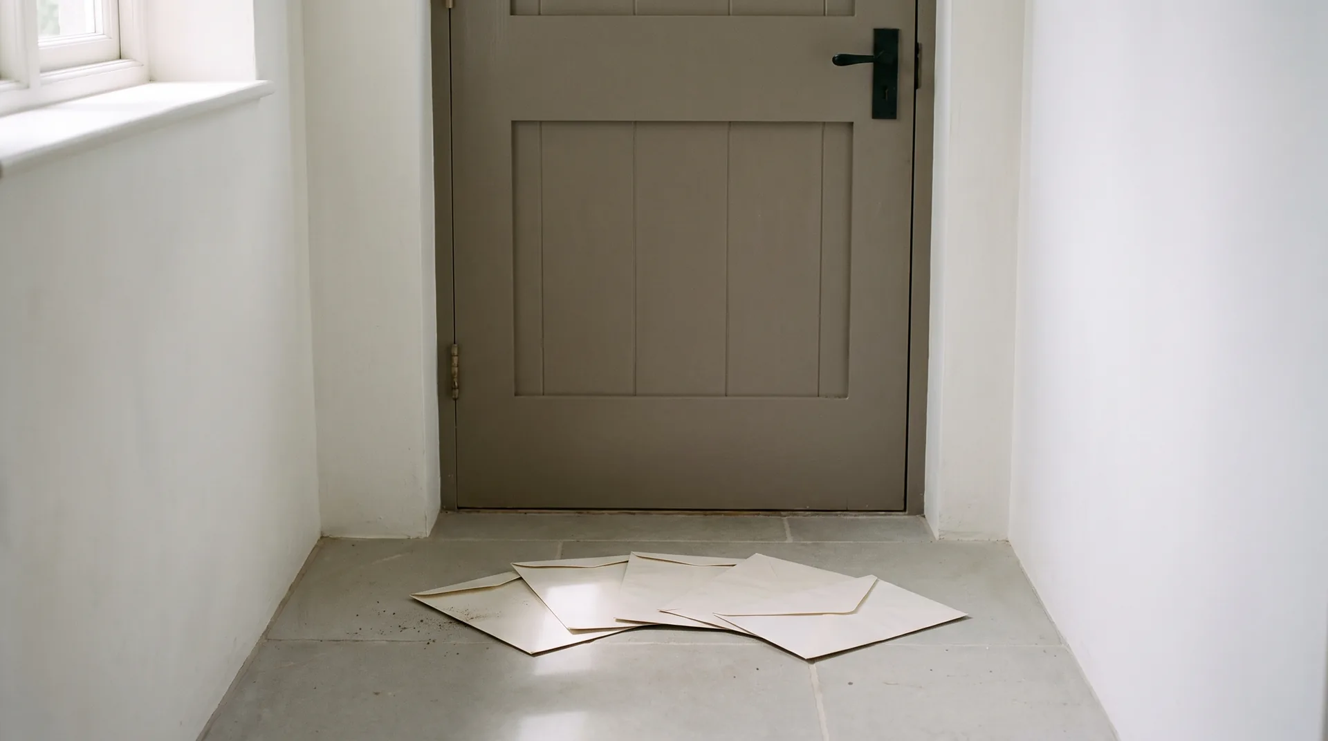 Unopened envelopes lying on the floor inside the closed front door of a house, below the letter slot, in soft morning light.