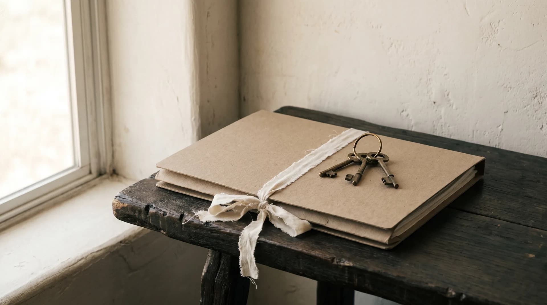 Un juego de llaves de casa apoyado sobre una carpeta de cartón cerrada con cinta de algodón, sobre una mesa de madera junto a una ventana.
