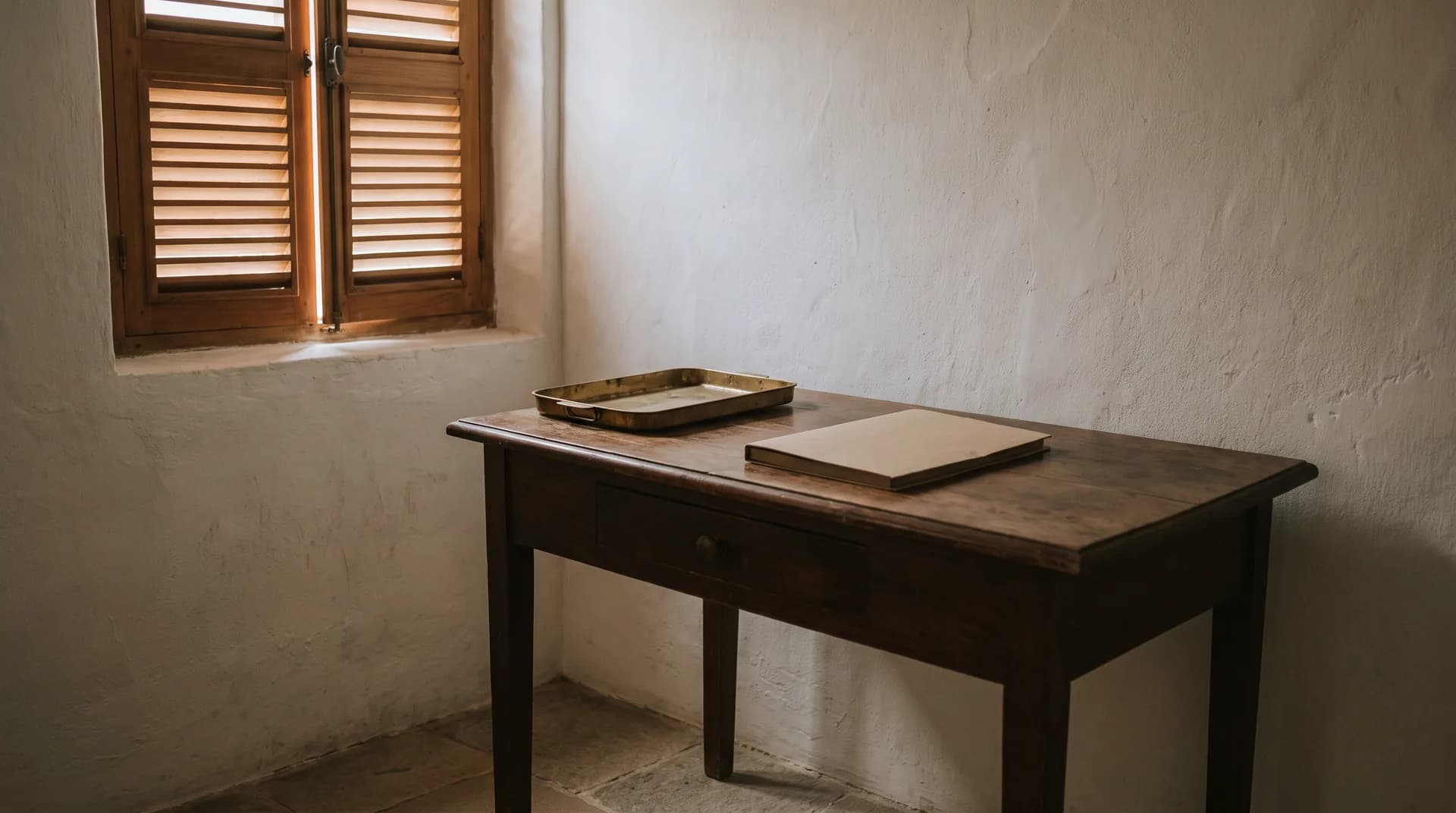 Un escritorio de madera junto a una ventana con postigos, con una bandeja de latón vacía y una carpeta cerrada.