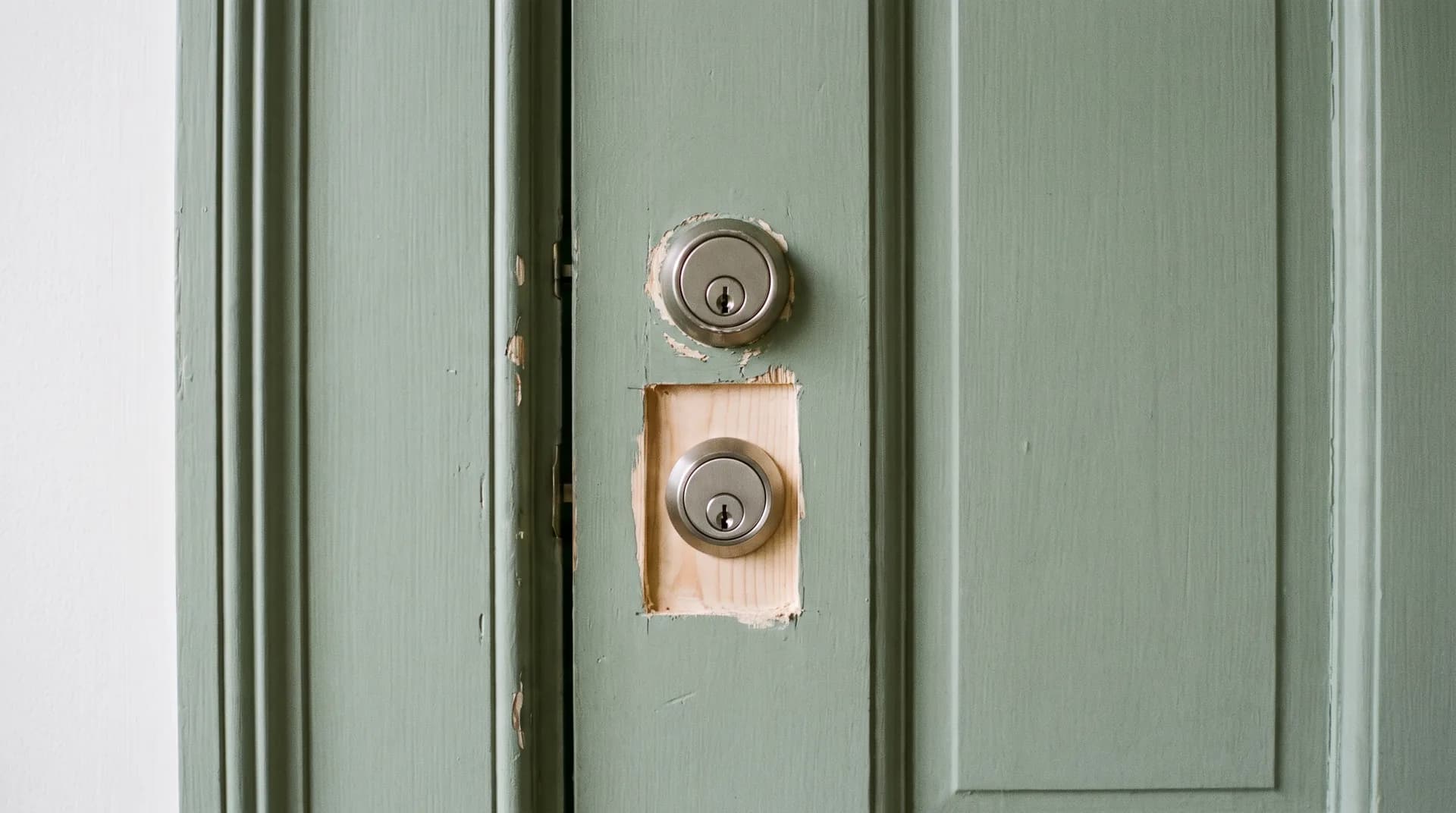 The closed front door of a private house seen from inside, carrying its original lock and a second cylinder fitted below it, the pine at the new mortise still raw.