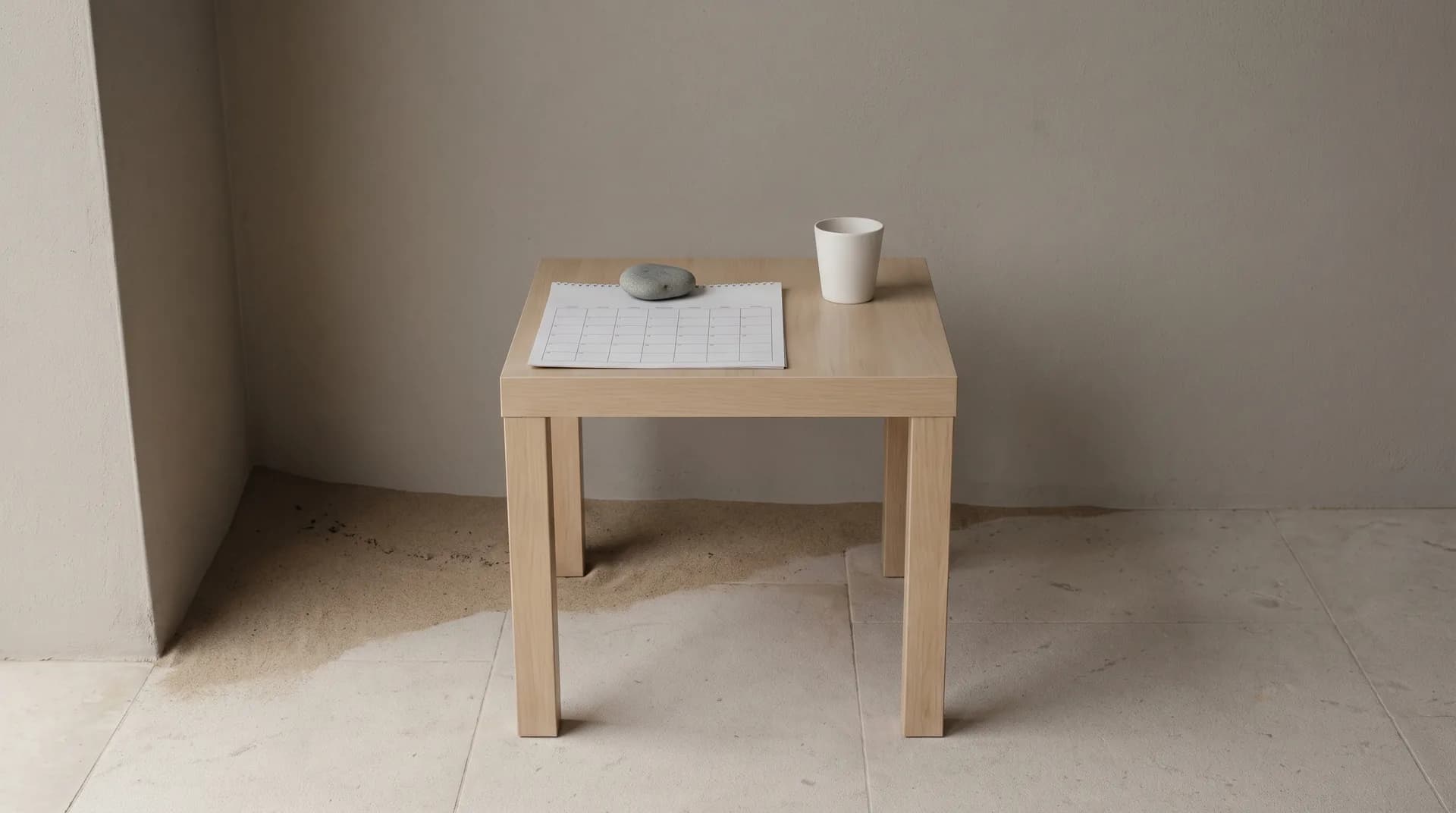 A shaded terrace table on a closed house: a paper monthly calendar page weighted by a smooth stone, beside a plain white cup, with dry sand drifted along the edge of the pale stone floor.