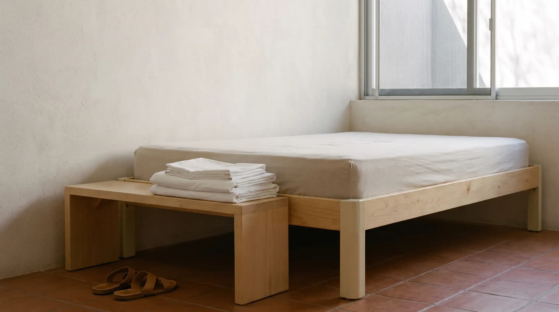 A guest bedroom being readied after months closed: the bed pulled a hand's width from a limewashed wall, the linen folded on a bench, a pair of shoes upturned beside it.