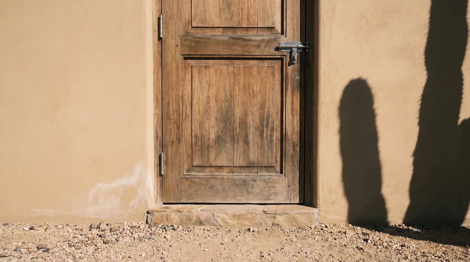 A closed desert house's side door seen square on: a stainless hinge and bolt on weathered timber, a pale bloom of dried salt on the render beside it, decomposed granite underfoot.