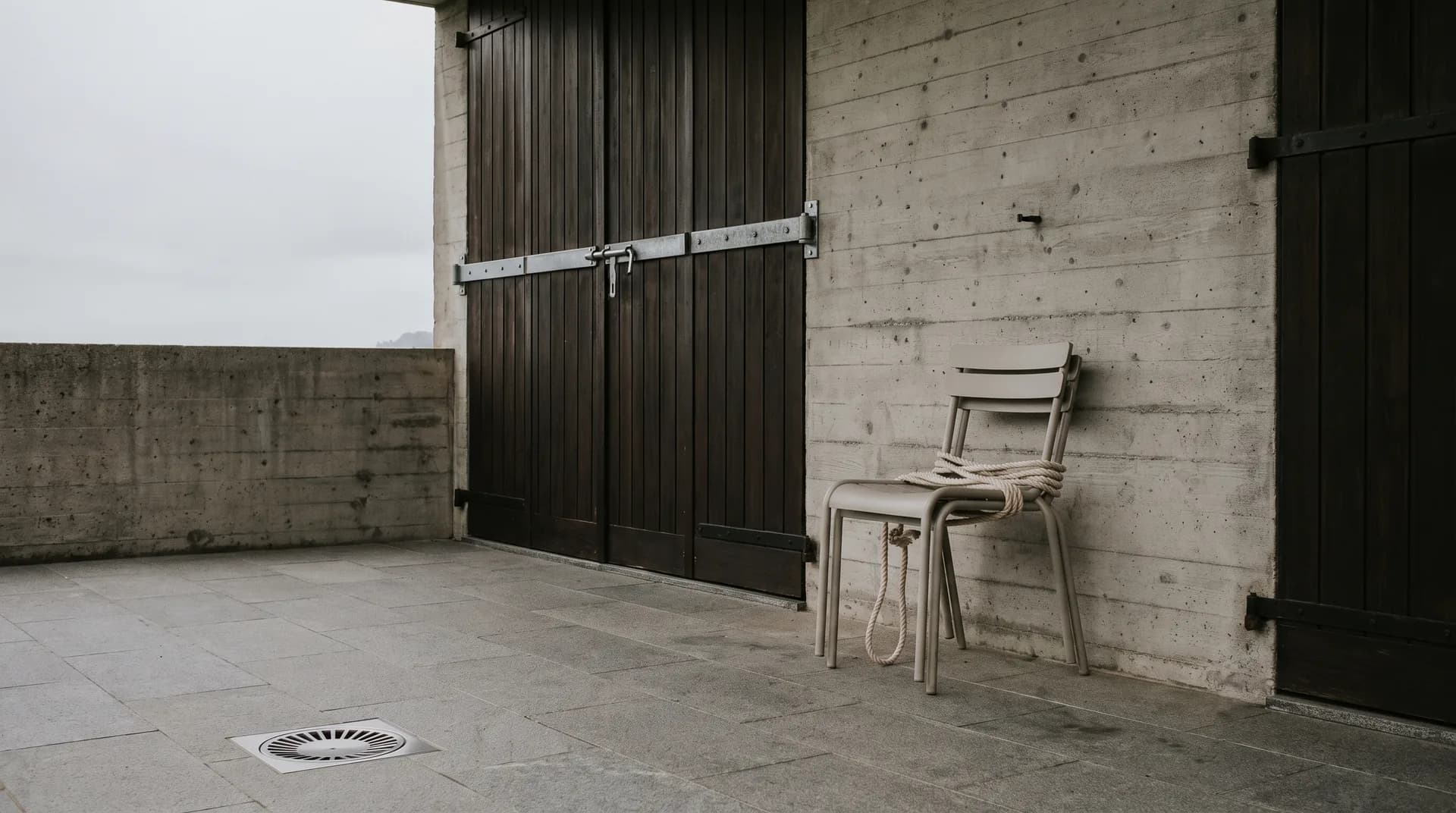 Terraza cerrada de una casa de ladera antes de la temporada: postigos asegurados, muebles apilados contra el muro y el suelo despejado, bajo luz gris y plana.