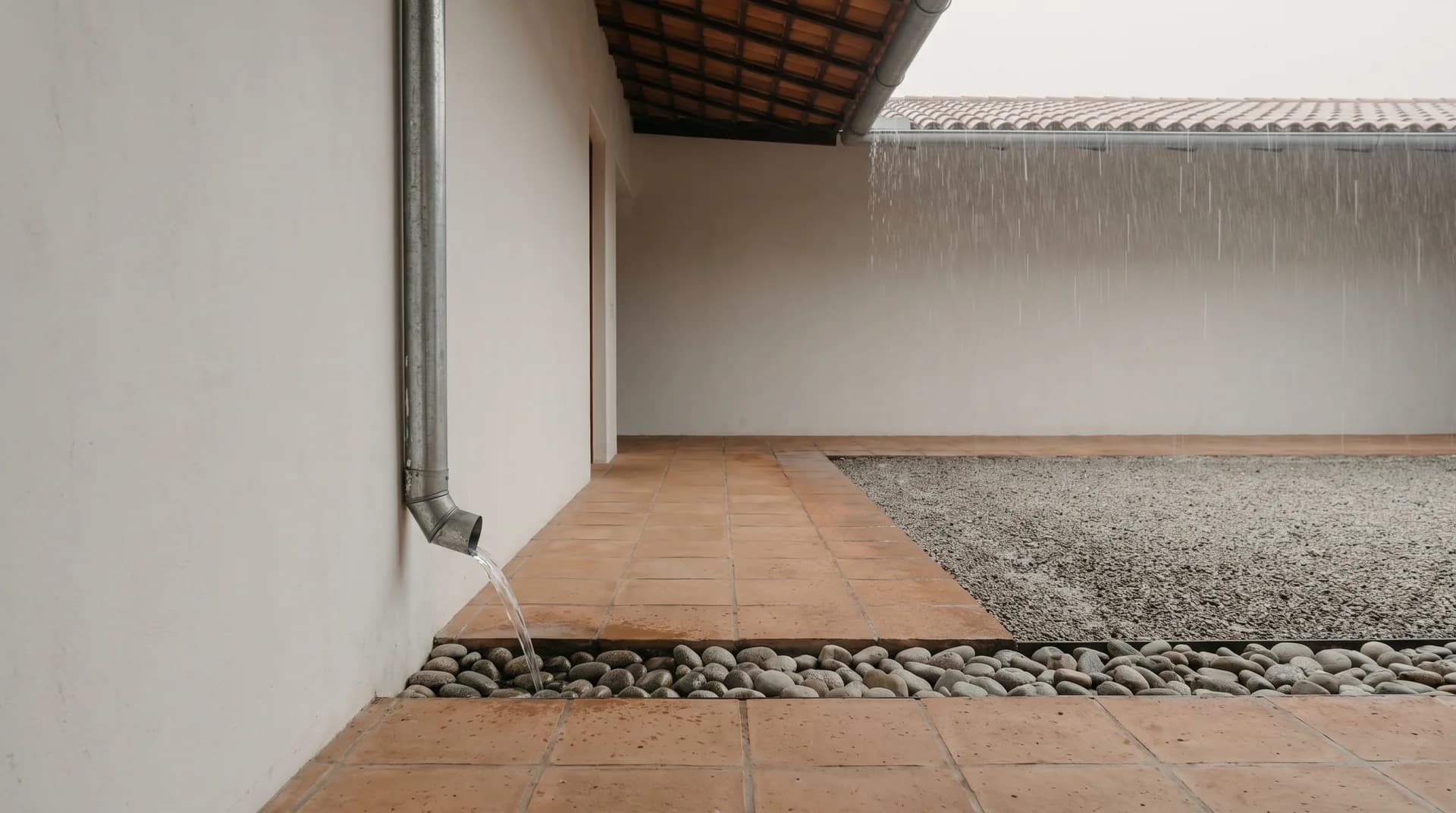 El pasillo cubierto de una casa cerrada durante un aguacero de tarde, con una bajada de agua pluvial que descarga en un canal de piedras y el piso seco bajo el techo.