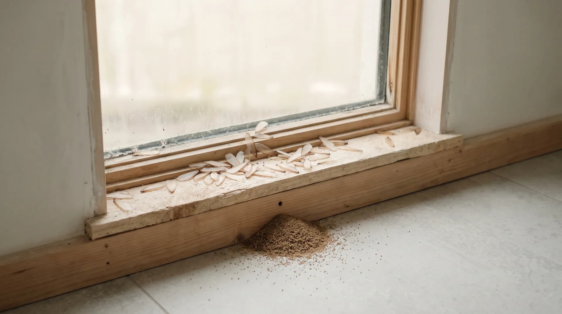 Alféizar de madera clara en una casa cerrada: alas translúcidas sueltas sobre la madera y un montoncito de granitos pardos en el piso, bajo un orificio diminuto.