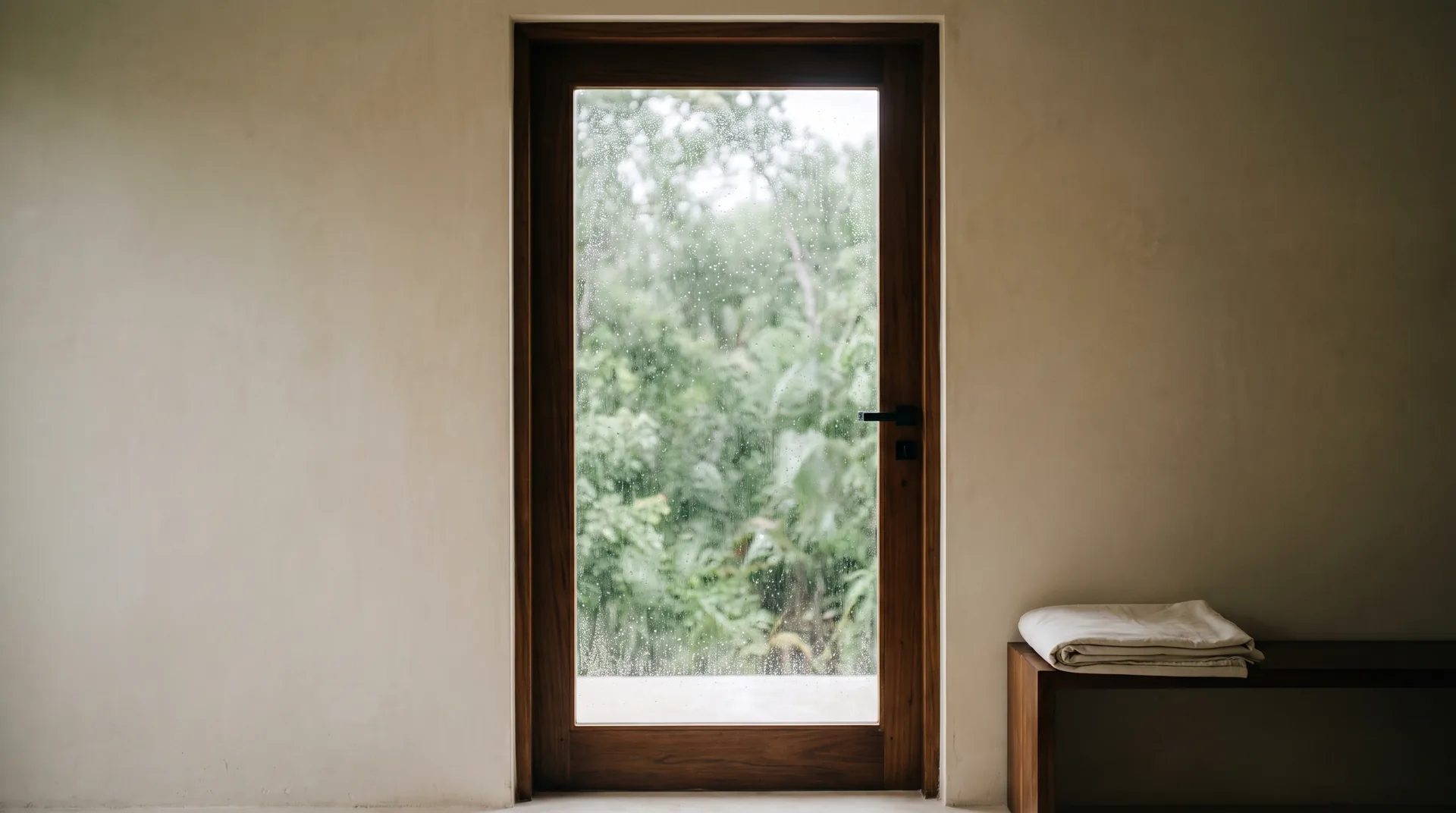A closed glass door in a dark hardwood frame, seen from inside a shut house in Tulum in grey rainy-season light, with beads of water on the glass and wet green jungle beyond.