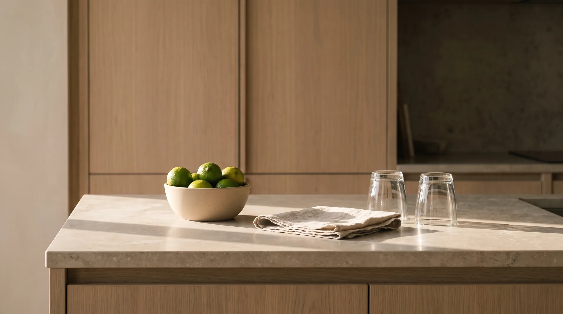 A stone kitchen counter in a closed house, with limes in a plain ceramic bowl and a linen cloth folded beside them, prepared for an arrival that has not happened yet.