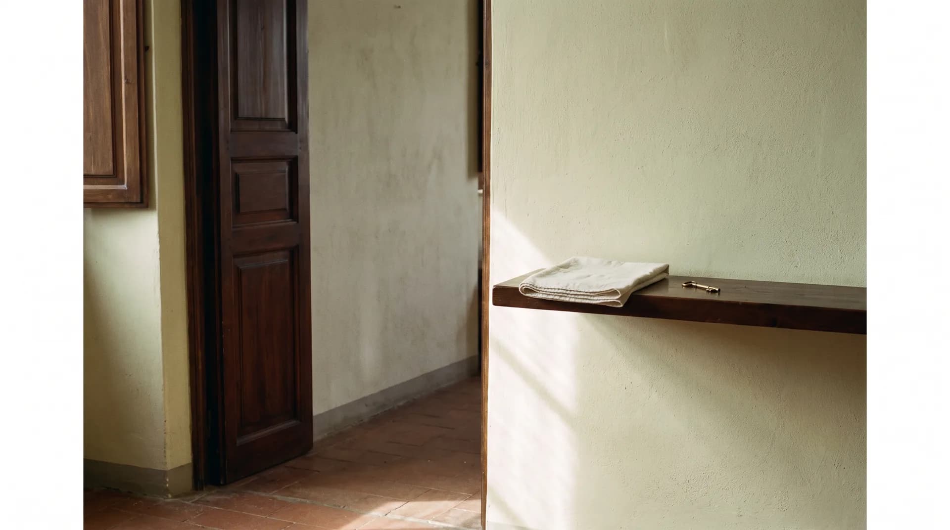 A service corridor inside a closed house, with a shuttered door ajar and a plain wooden shelf holding a folded cloth and a brass key.