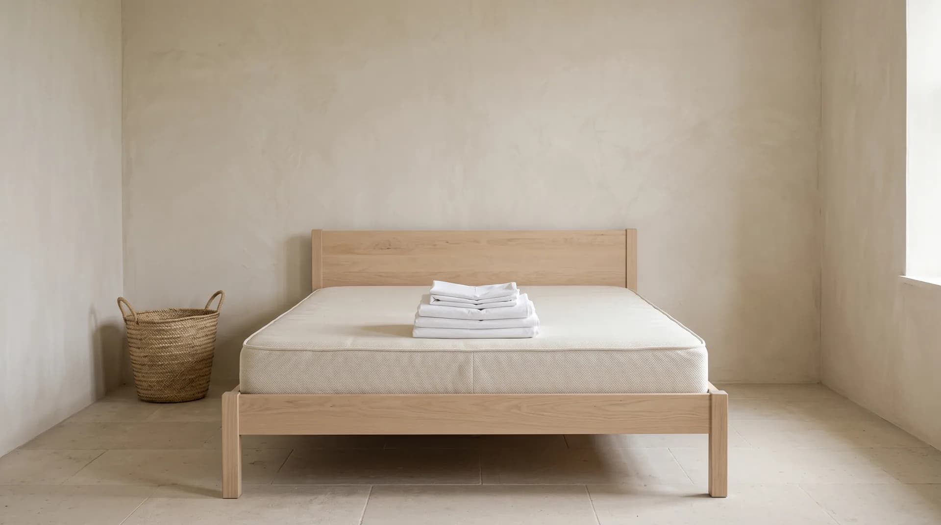 A bedroom photographed between two stays: a bare pale wood bed frame with the mattress stripped, a neat stack of folded white cotton linen resting at its foot, and a woven palm basket on the floor beside it.