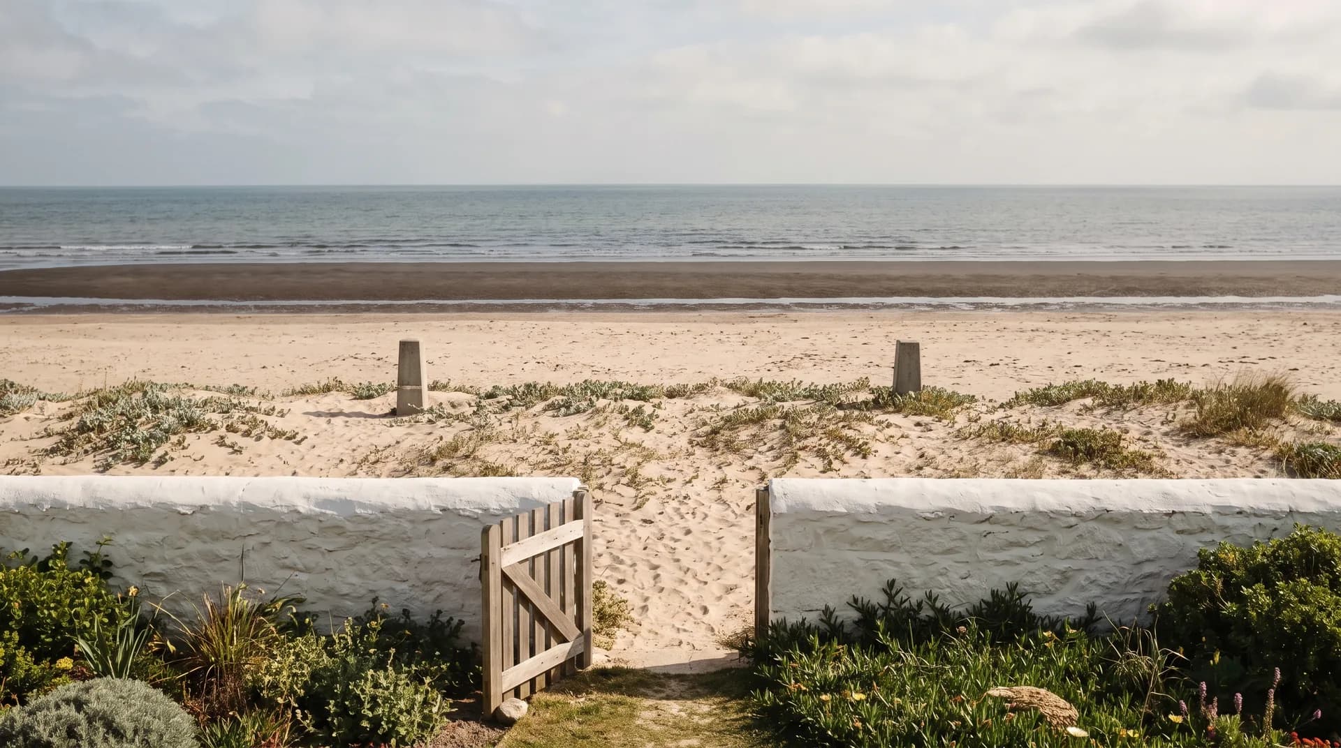 El límite de una casa frente al mar: una barda baja de piedra encalada con una puerta de madera abierta y, del otro lado, una franja de arena con dos mojoneras de concreto que la separan de la playa.